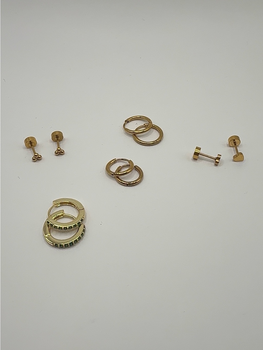 Gold Plated Earring Lot 5 pairs- Dainty Huggies Green CZ Studs Cartilage Stack